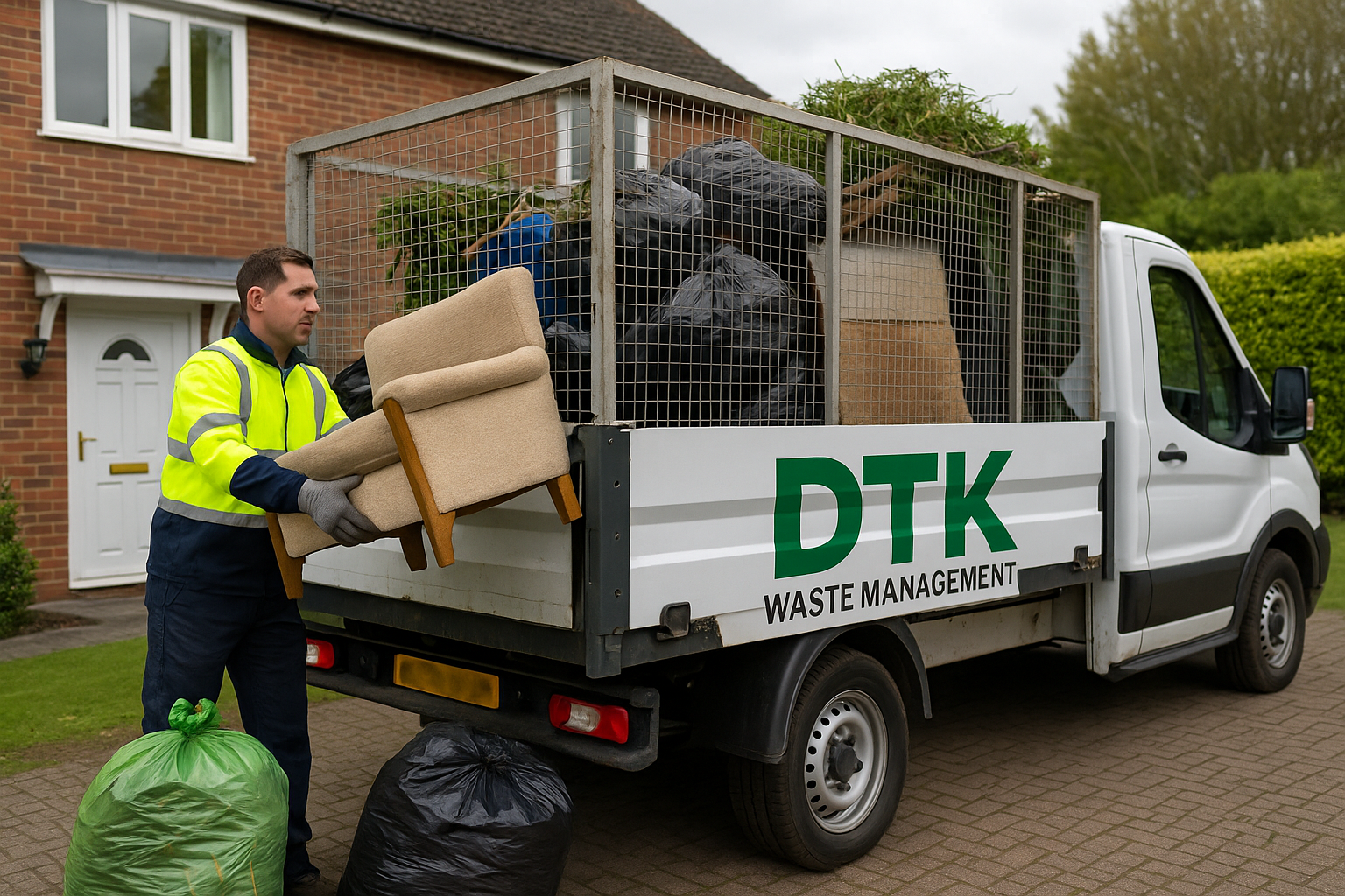 DTK worker loading an armchair into a branded waste truck in front of a UK suburban home.