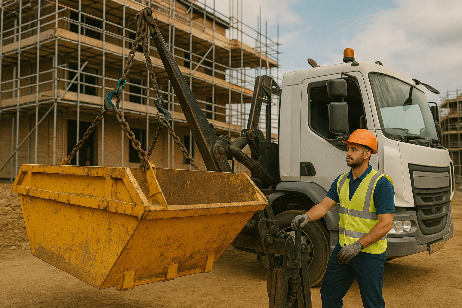 Worker loading bricks and rubble into an orange skip with a DTK truck nearby at a UK construction site.