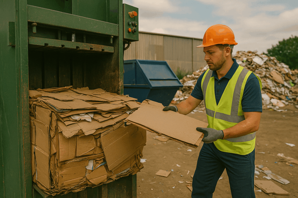 Waste collector in high-vis gear loading blue bin into commercial refuse lorry on a residential UK street.
