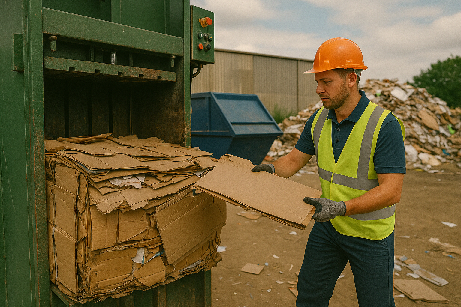 Waste collector in high-vis gear loading blue bin into commercial refuse lorry on a residential UK street.