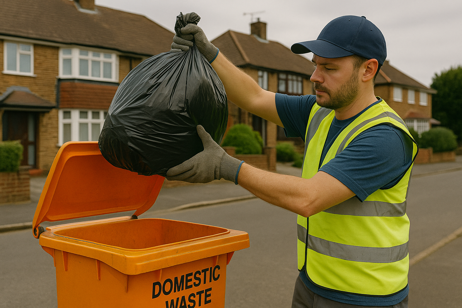 Waste management worker disposing of a black rubbish bag into an orange “DOMESTIC WASTE” bin on a UK residential street.