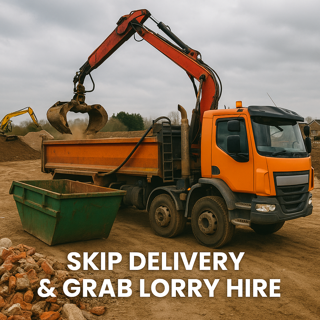 Grab lorry lifting waste into a skip on a construction site.