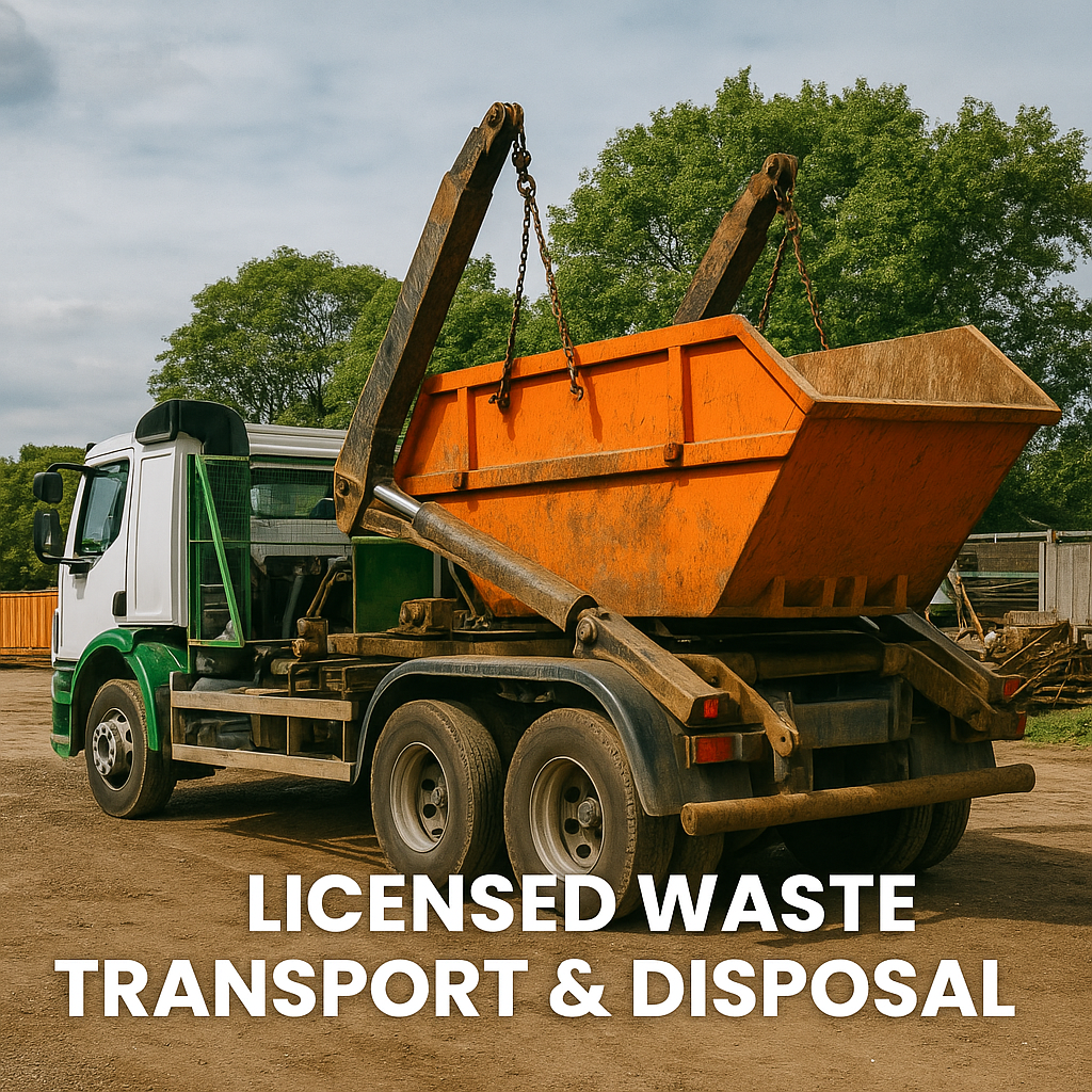 Licensed RoRo truck carrying an orange skip at a regulated waste site.